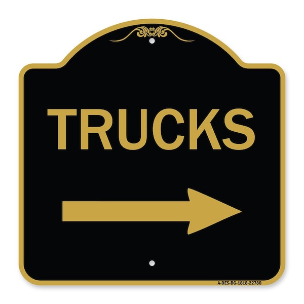 Signmission Trucks Sign Trucks W/ Right Arrow, Black & Gold Aluminum Sign, 18" x 18", BG-1818-22780 A-DES-BG-1818-22780 - main